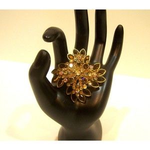 Vintage Estate Brooch Pin Layered Starburst Floral Topaz Amber AB Colored 2 1/4"